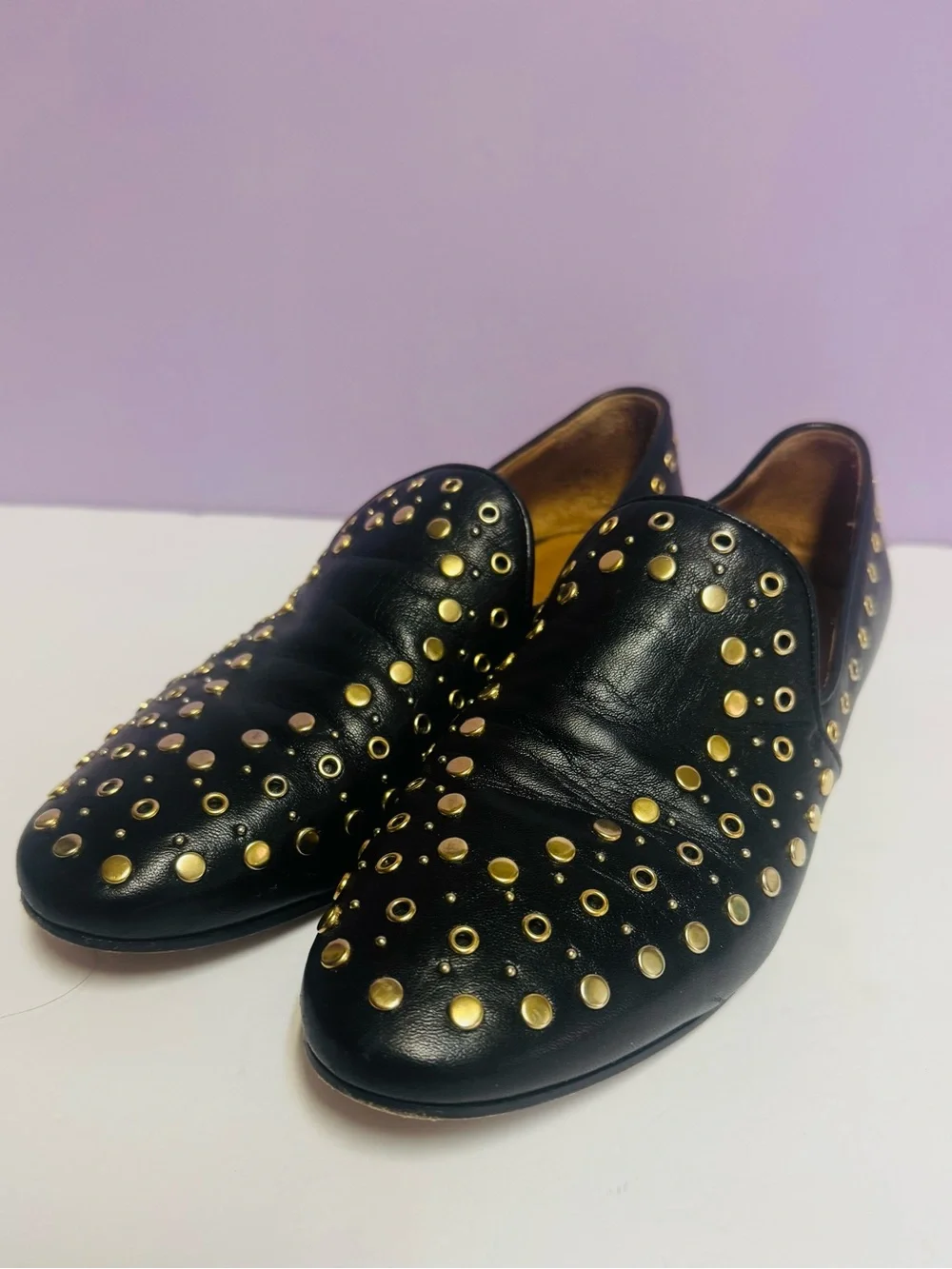 Sandro Black Leather Studded Loafers Sz 37